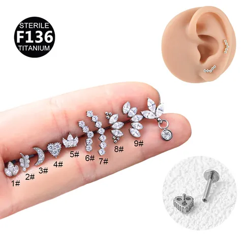 Titan Strass Innengewinde Lippenpiercing Ohr Knorpel Piercing Schmuck Gebogenes Blatt Mond Krone Herz Lippenstecker