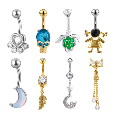 316L Acero Inoxidable Piercing para Ombligo Calavera Luna Hoja Patita de Gato Anillo de Ombligo para Mujeres Joyería de Cuerpo
