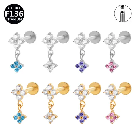 F136 Lega di Titanio Orecchini a Bottone Cartilagine Fiore Filettatura Interna Gioielli Piercing Ipoallergenico Strass Trifoglio Piercing Labbro
