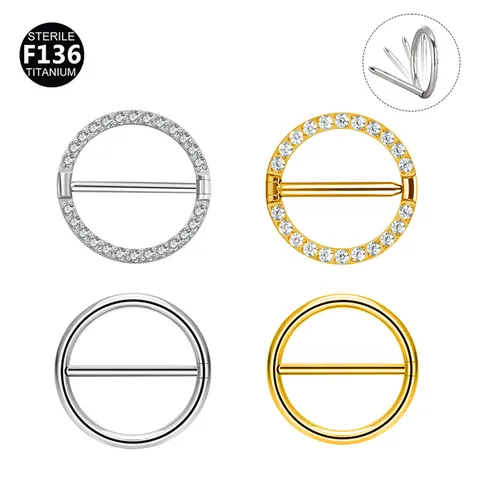 G23 Titanium Alloy Nipple Ring Body Piercing Jewelry Round Rhinestone Inlaid Simple Design Body Jewelry