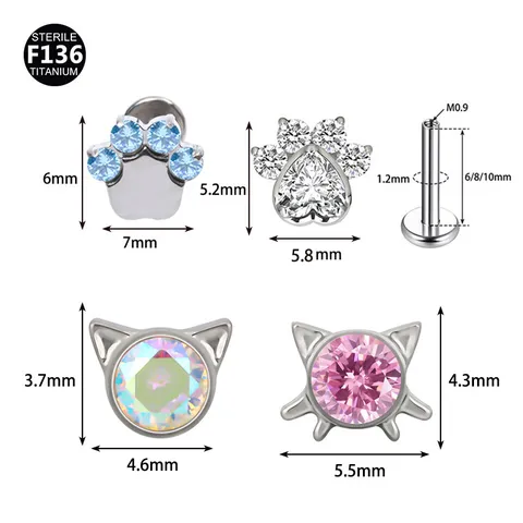 G23 Titan Katzenpfote Labret Stecker Innengewinde Lippenring Zirkonia Künstlicher Opal Piercing Schmuck Für Damen Herren