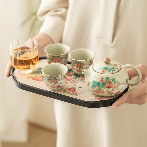 Strawberry Rabbit Ru Ware Ceramic Kung Fu Tea Set One Pot Three Cups With Tray Portable Travel Tea Ceremony Gift Set
