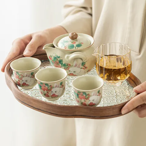Chinese Ceramic Kung Fu Tea Set Ru Kiln Hand Grip Teapot With Cups And Tray Strawberry Rabbit Cute Home Drinkware Gift