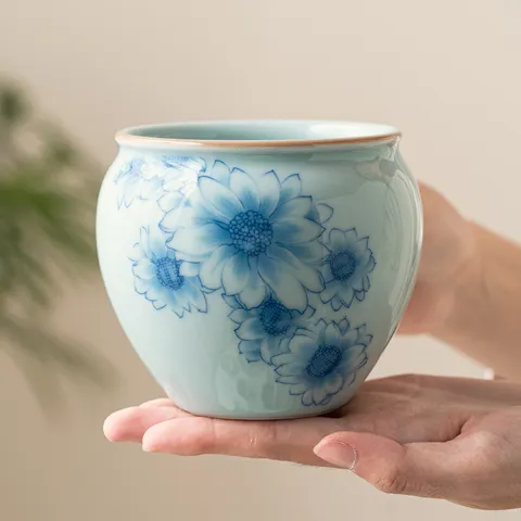 Style Chinois Porcelaine Bleue et Blanche Tournesol Lavage de Thé Accessoire de Théière en Céramique Pot de Résidus de Thé
