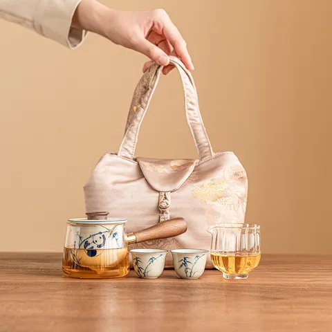 Hand Painted Panda Bamboo Side Handle Pot Kung Fu Tea Set Portable Travel Ceramic Teapot With Cups Storage Bag