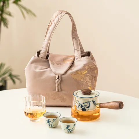 Hand Painted Panda Bamboo Side Handle Pot Kung Fu Tea Set Portable Travel Ceramic Teapot With Cups Storage Bag