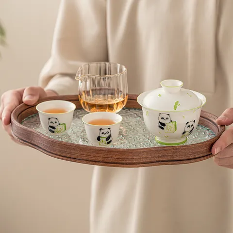 Hand Painted Relief Panda Ceramic Kung Fu Tea Set With Gaiwan Teacups Glass Tray For Home Dining