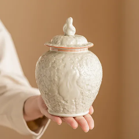 Boîte à Thé en Céramique Peinte à la Main Relief Lapin de Lune Pot de Stockage Scellé pour Thé en Vrac Décoration Maison Cadeau
