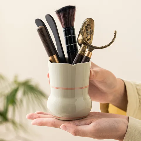 Hand-Painted Double Line Chinese Kung Fu Tea Ceremony Accessories Set Ceramic Tea Utensil Holder With Wooden Brass Tools