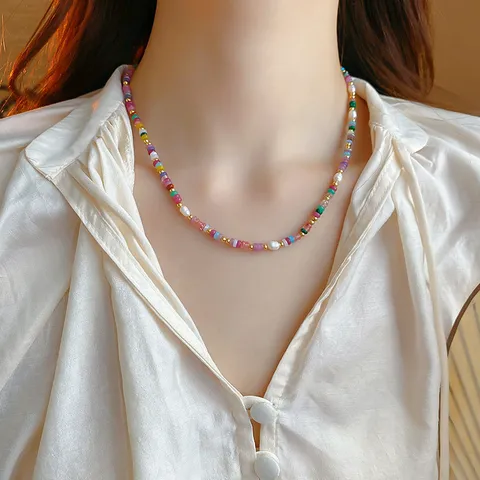 Vintage Colorful Beaded Necklace Sweet Personal Versatile Clavicle Chain Fashion Jewelry Alloy Artificial Pearl Necklace For Women