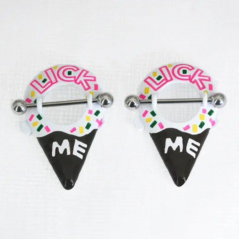 316L Stainless Steel Nipple Piercing Ring Punk Ice Cream Shape Rhinestone Body Jewelry LICK ME Letter Inlaid Nipple Studs For Women Men