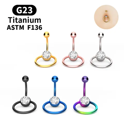 G23 Titanium ASTM F136 Belly Button Ring Captive Hoop Inlaid Rhinestone Geometric Navel Piercing Jewelry For Men Women Daily Party Decor