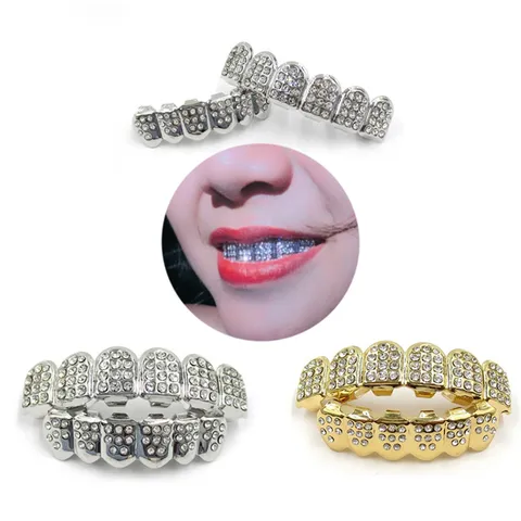 Hip Hop Teeth Grillz Copper Micro Inlaid Rhinestone Fang Teeth Grill Set Gold Silver Top Bottom Teeth Decor For Party Jewelry