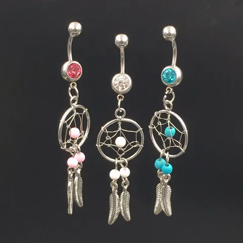 Bohemian Dreamcatcher Dangle Belly Button Ring 316L Stainless Steel Navel Piercing Jewelry With Rhinestone Leaf Charm For Women