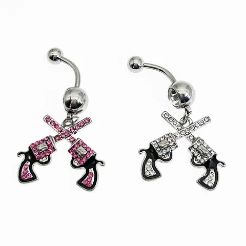 316L Stainless Steel Double Handgun Pendant Belly Button Ring Inlaid Rhinestone Punk Body Piercing Jewelry Unisex