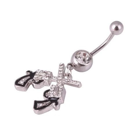 316L Stainless Steel Double Handgun Pendant Belly Button Ring Inlaid Rhinestone Punk Body Piercing Jewelry Unisex