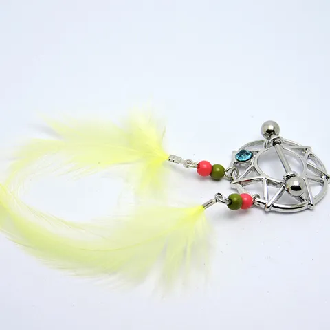 Bohemian Stainless Steel Nipple Ring With Yellow Feather Tassel Rhinestone Dreamcatcher Body Piercing Jewelry For Belly Dance Performance Women Men