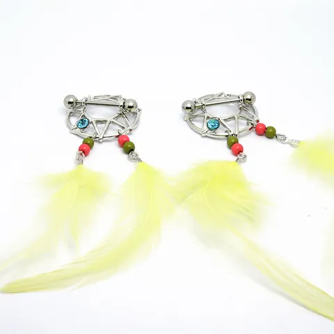 Bohemian Stainless Steel Nipple Ring With Yellow Feather Tassel Rhinestone Dreamcatcher Body Piercing Jewelry For Belly Dance Performance Women Men