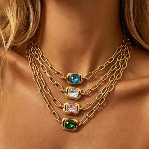 Collana con Ciondolo Minimalista in Acciaio Inossidabile Placcato in Vero Oro Pietra di Vetro Quadrata Girocollo Regalo di Gioielli per Donna