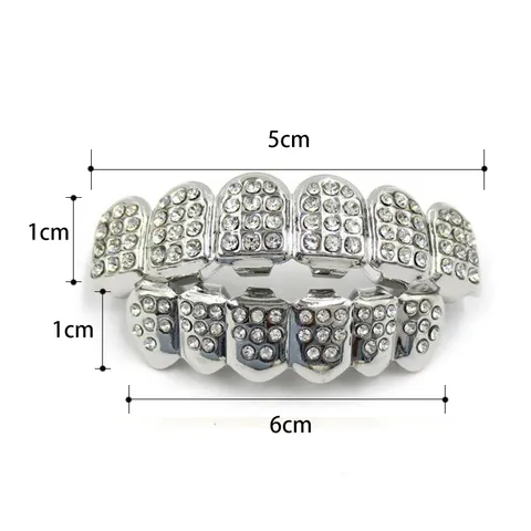 Hip Hop Teeth Grillz Copper Micro Inlaid Rhinestone Fang Teeth Grill Set Gold Silver Top Bottom Teeth Decor For Party Jewelry