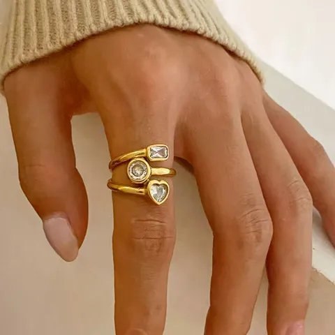 Anello Aperto Minimalista in Acciaio Inossidabile per Donna Placcato Oro Zircone Cubico Gioiello