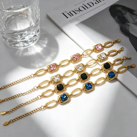 Moda Acciaio Inossidabile Quadrato Colorato Vetro Catena Braccialetto 18K Placcato Oro Geometrico Gioielli Regalo Per Donne