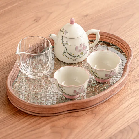 Hand-Painted Magnolia Porcelain Kung Fu Tea Set With Teapot Teacups Glass Fair Cup And Wooden Serving Tray Vintage Chinese Style Ceramics For Home Tea Ceremony