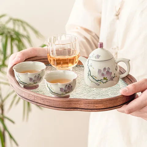 Hand-Painted Magnolia Porcelain Kung Fu Tea Set With Teapot Teacups Glass Fair Cup And Wooden Serving Tray Vintage Chinese Style Ceramics For Home Tea Ceremony
