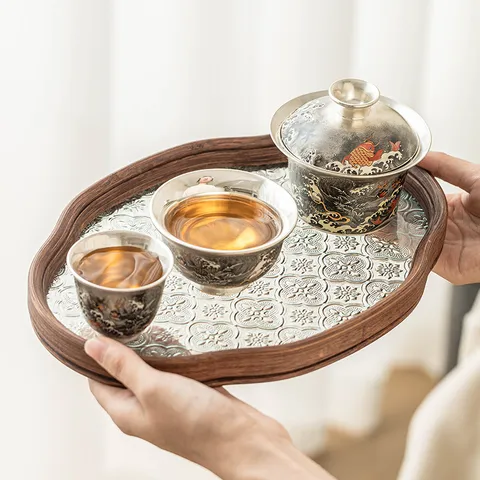 999 Silver Plated Ceramic Kung Fu Tea Set Covered Bowl And Tea Cups With Glass Tray Chinese Style Gift