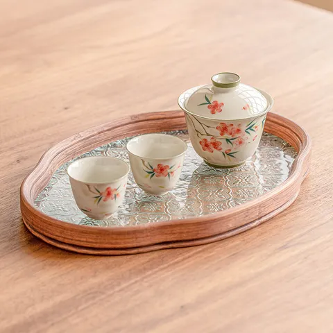 Service à Thé Kung Fu en Céramique Peinte à la Main Fleurs de Pêcher Gaiwan en Porcelaine de Dehua Avec Deux Tasses et Plateau