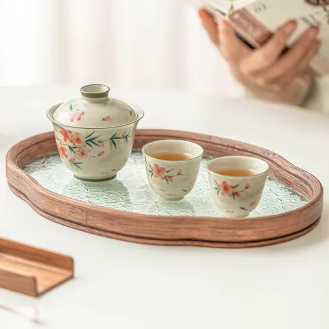 Service à Thé Kung Fu en Céramique Peinte à la Main Fleurs de Pêcher Gaiwan en Porcelaine de Dehua Avec Deux Tasses et Plateau