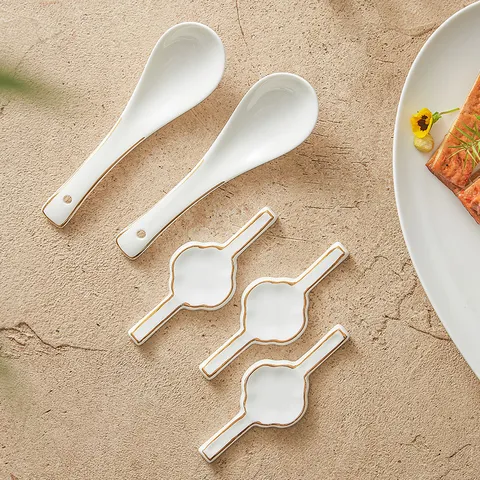 Elegant Bone China Gold Rim Chopstick Rest Spoon Elegant White Porcelain Tableware For Hotel Restaurant Home Dining