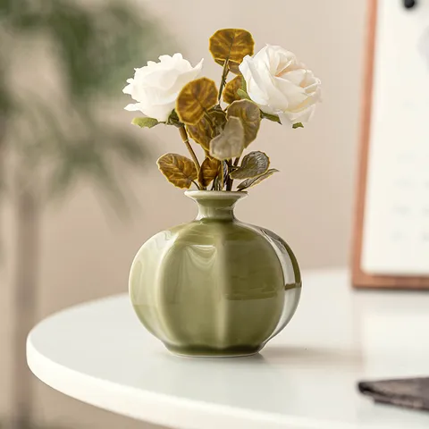 Ceramic Lantern Vase Yaozhou Kiln Green Glaze Chinese Style Decorative Flower Vase For Living Room Home Tabletop Decor Ribbed Vase