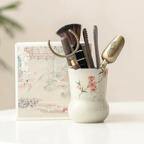 Style Chinois Peint à la Main Fleur de Pêcher Céramique Ensemble d'Accessoires de Cérémonie du Thé Boîte à Thé Gongfu Outils de Thé
