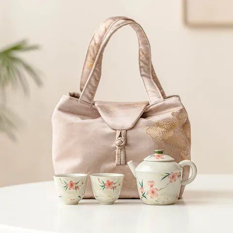 Portable Ceramic Kung Fu Tea Set Hand Painted Peach Blossom One Pot Two Cups Travel Tea Set With Tray Brocade Bag Gift