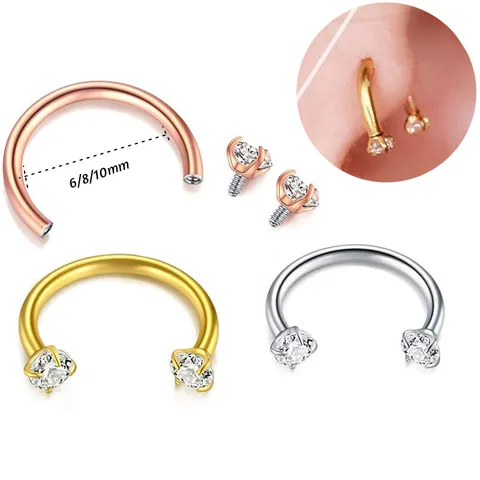 316L Stainless Steel U-Shaped Horseshoe Nose Ring Clear Rhinestone Inlaid Circular Barbell Septum Piercing Jewelry For Men Women