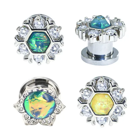 Dilatador de Oreja Doble Abocinado de Acero Inoxidable Copo de Nieve Loto Ópalo Sintético Estrás Joyería para Piercing