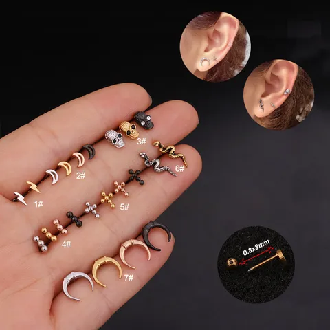 Pendientes de Botón de Acero Inoxidable 316L Rayo Luna Cruz Calavera Punk Gótico Joyas de Piercing para Hombres Mujeres