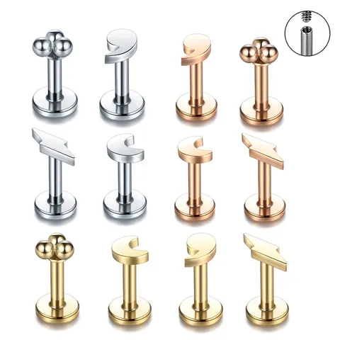 316L Edelstahl Labret Lippenring Ohrstecker Mond Blitz Stern Herz Innengewinde Knorpel Piercing Schmuck