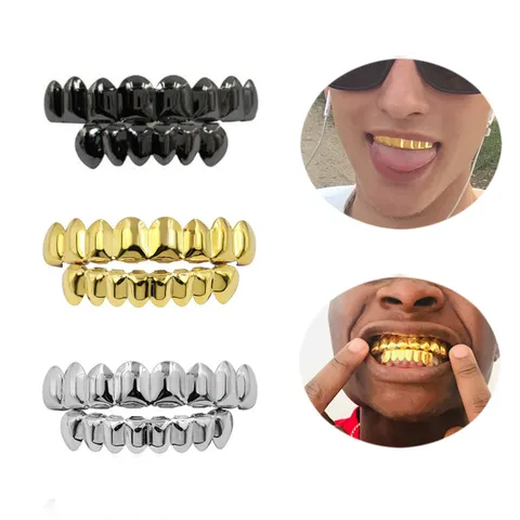 Hip Hop Metal Teeth Grillz Kit Top And Bottom Electroplated Copper Teeth Grills For Unisex Jewelry Party Body Accessories