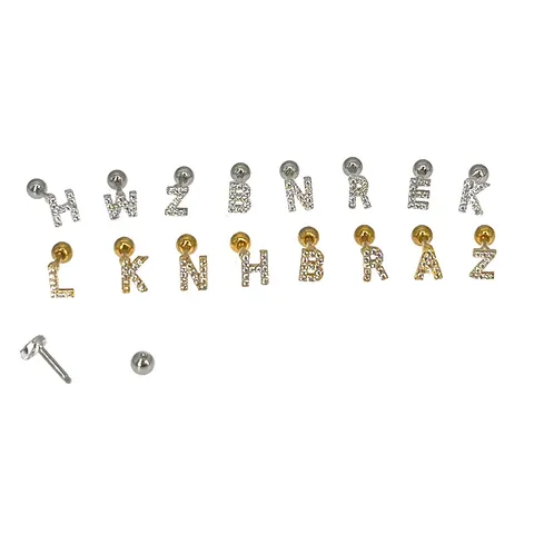 Stainless Steel Alphabet Zirconia Stud Earrings 26 Letters Threaded Cartilage Piercing Earring Gold Silver Tone Jewelry