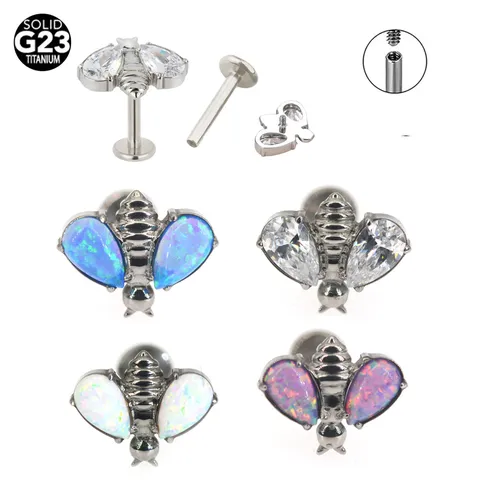 G23 Titanium Honeybee Lip Piercing Jewelry Labret Stud Internal Thread Synthetic Opal Zirconia Inlaid Body Jewelry For Women Men