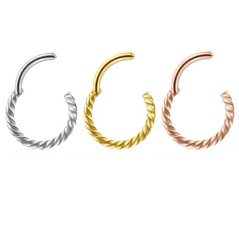 316L Stainless Steel Twisted Rope Hoop Earrings Hinged Clicker Nose Ring Body Piercing Jewelry Vacuum Plated For Men Women