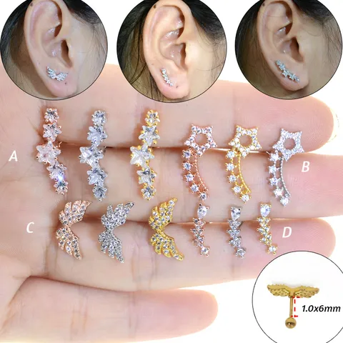 316L Stainless Steel Rhinestone Cartilage Stud Earrings Helix Piercing Jewelry For Women Men Star Wings Geometric Stud Earrings