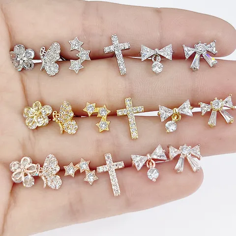 316L Stainless Steel Butterfly Cross Star Flower Stud Earrings For Women Men Rhinestone Cartilage Tragus Piercing Jewelry