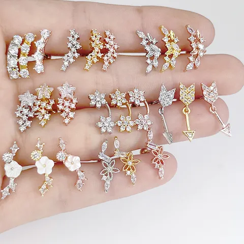 316L Stainless Steel Rhinestone Flower Cartilage Stud Earrings Geometric Arrow Star Floral Ear Piercing Jewelry For Men Women Daily Party Decor