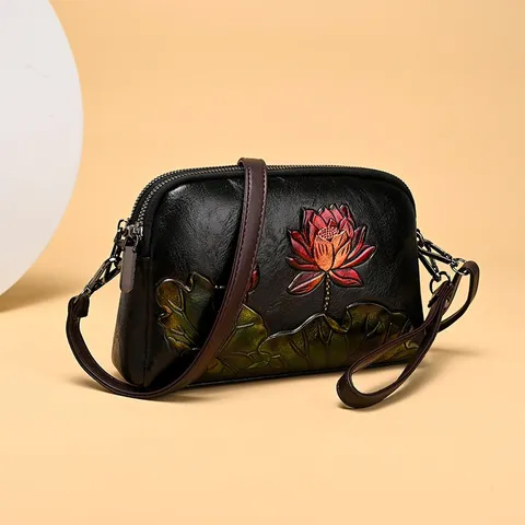 Women Retro Embossed PU Leather Crossbody Bag Ethnic Style Lotus Carved Shoulder Bag Casual Daily Handbag