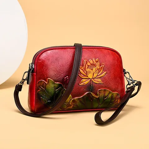 Women Retro Embossed PU Leather Crossbody Bag Ethnic Style Lotus Carved Shoulder Bag Casual Daily Handbag