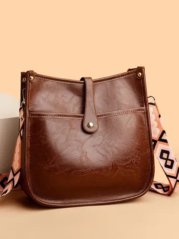 Women's Casual PU Leather Shoulder Bag Large Capacity Bucket Crossbody Bag With Geometric Wide Strap Fashion Commuter Handbag