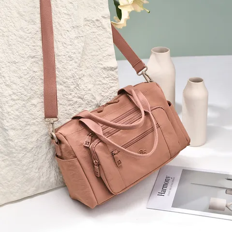 Women's Casual Waterproof Nylon Shoulder Bag Simple Solid Color Crossbody Bag Multi-Pocket Travel Handbag